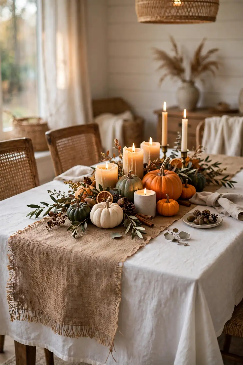 Burlap runner layered over a white tablecloth with fall centerpiece
