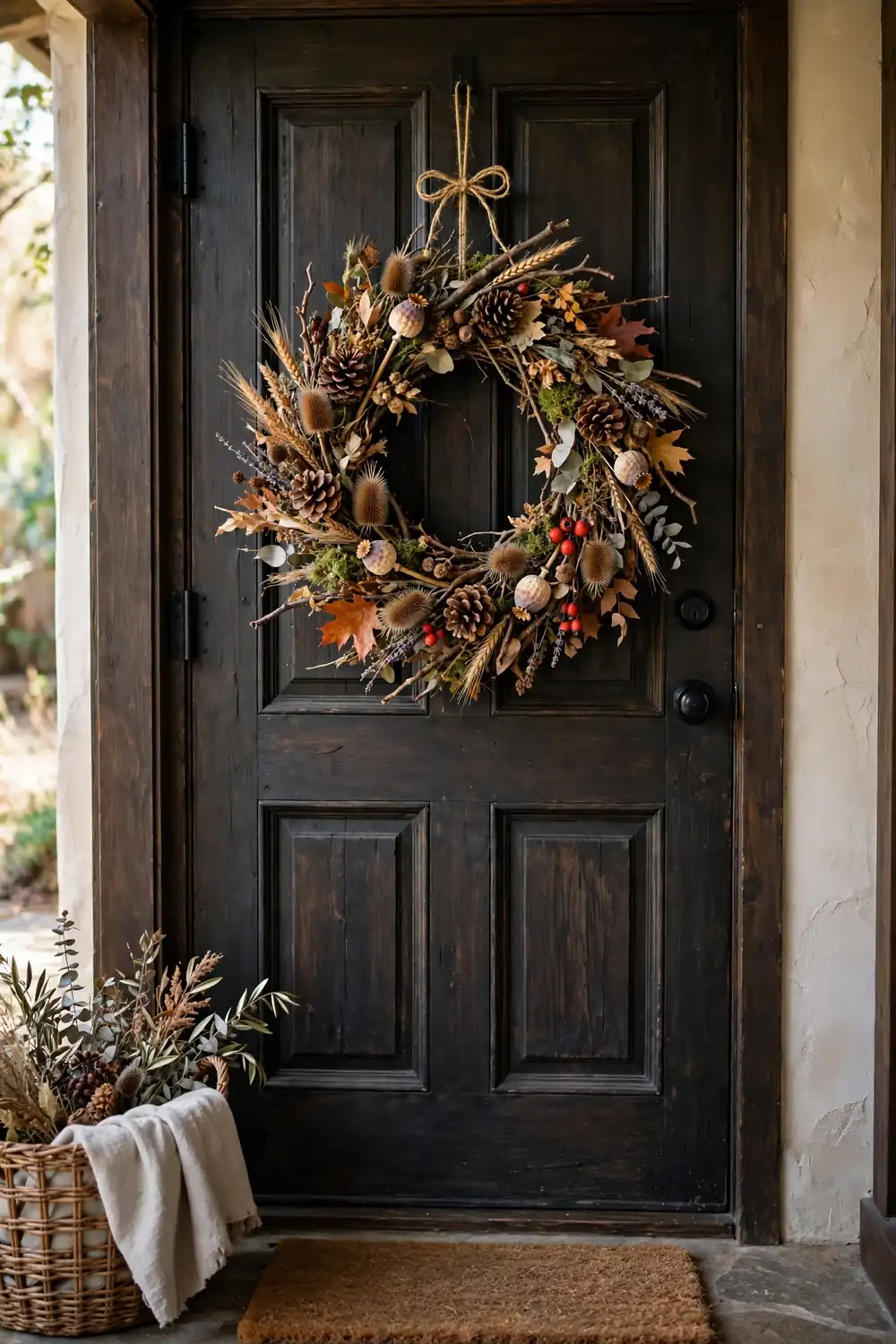 Foraged fall wreath with branches, seed heads and pinecones on a front door