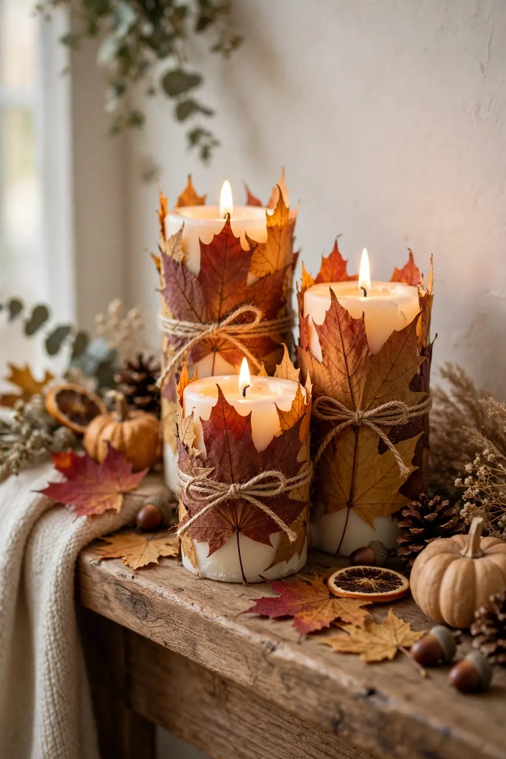 Pillar candles wrapped in pressed fall leaves, glowing warmly on a mantel