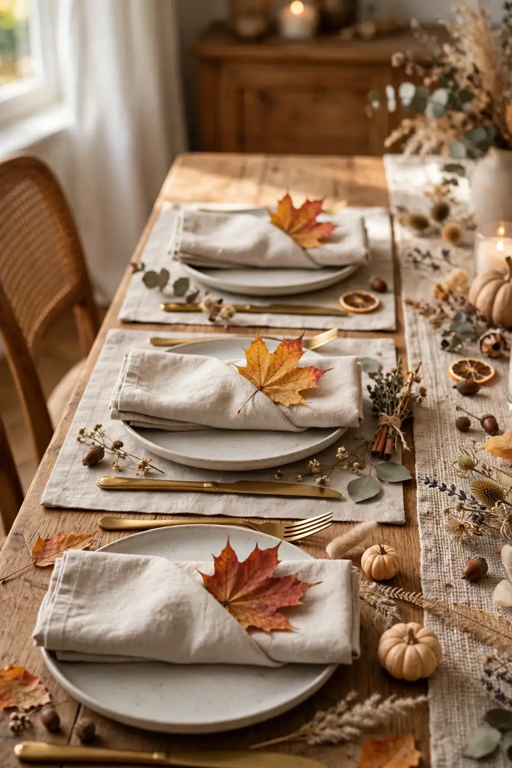 Pressed maple leaf place cards with handwritten names at table settings
