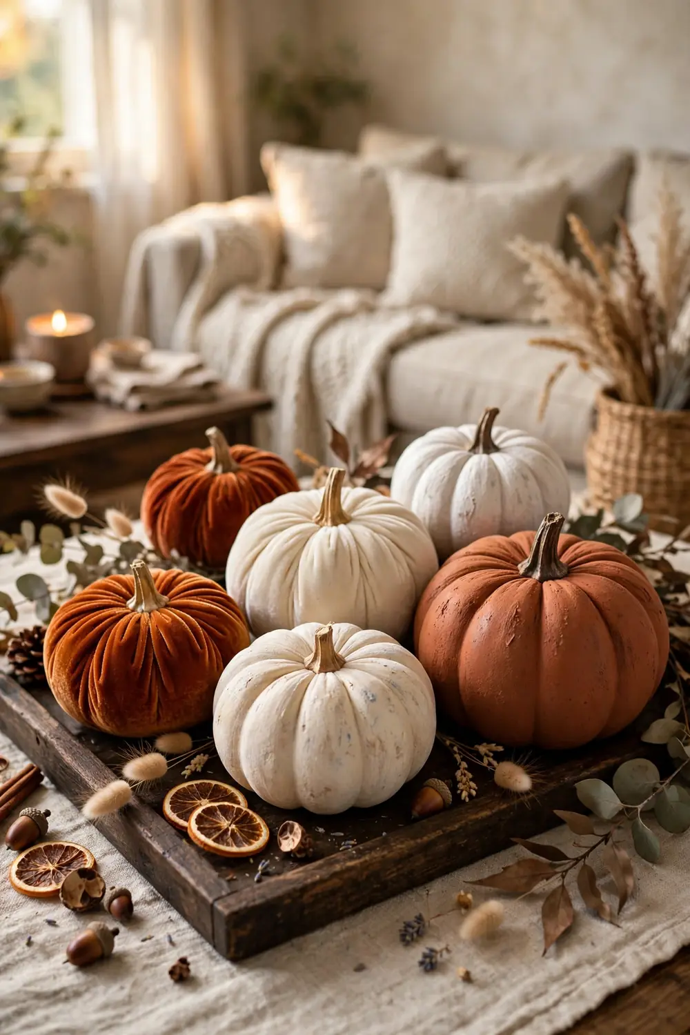 Velvet and chalk painted pumpkins in cream and rust on a wooden tray