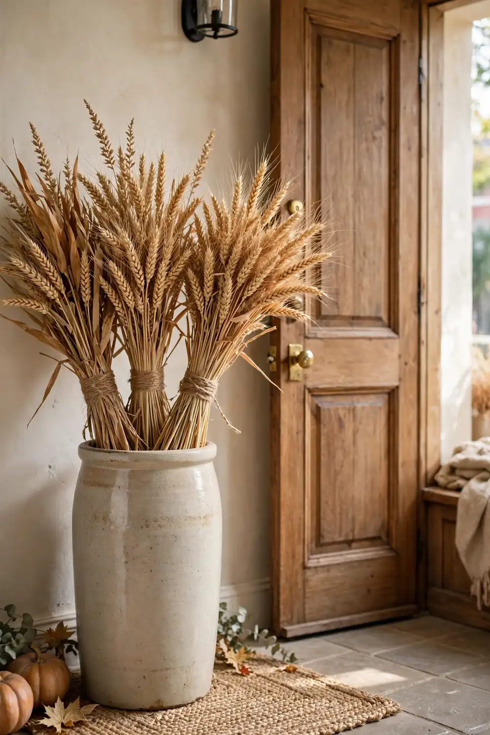 Dried wheat bundles tied with twine standing in a crock by a front door