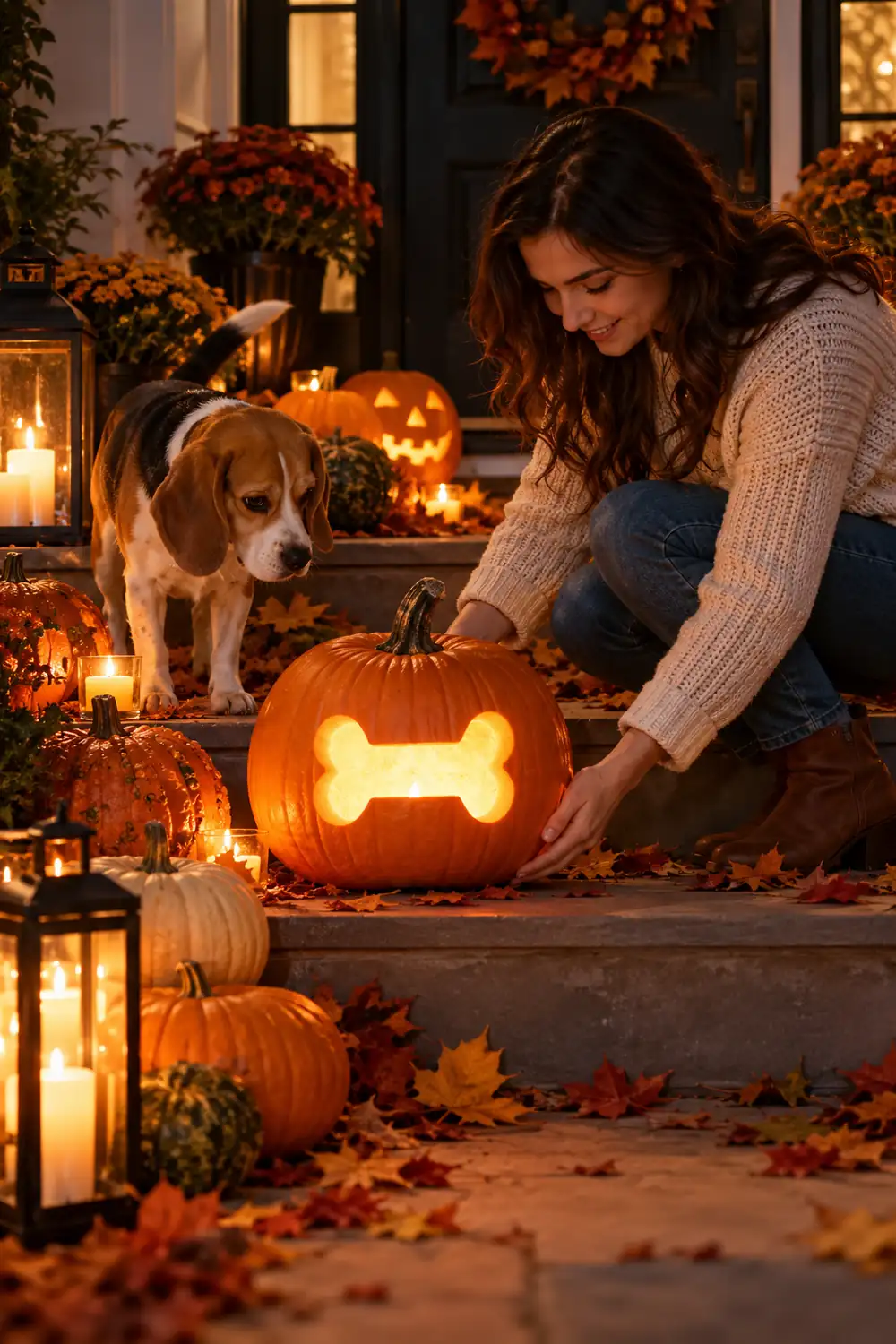 Dog bone silhouette carved into a glowing pumpkin on porch steps