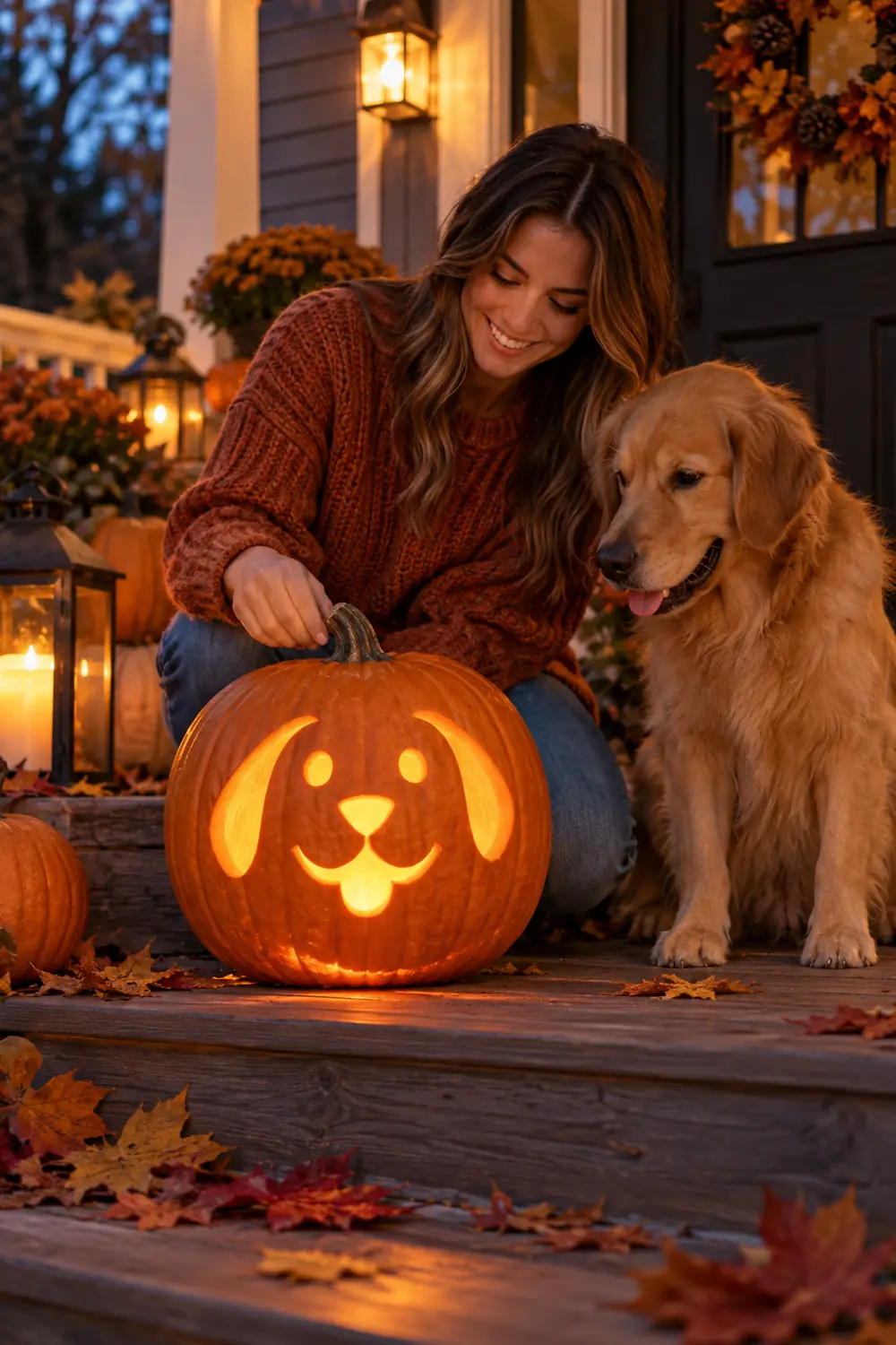 Classic dog face carved into a glowing jack-o-lantern with floppy ears