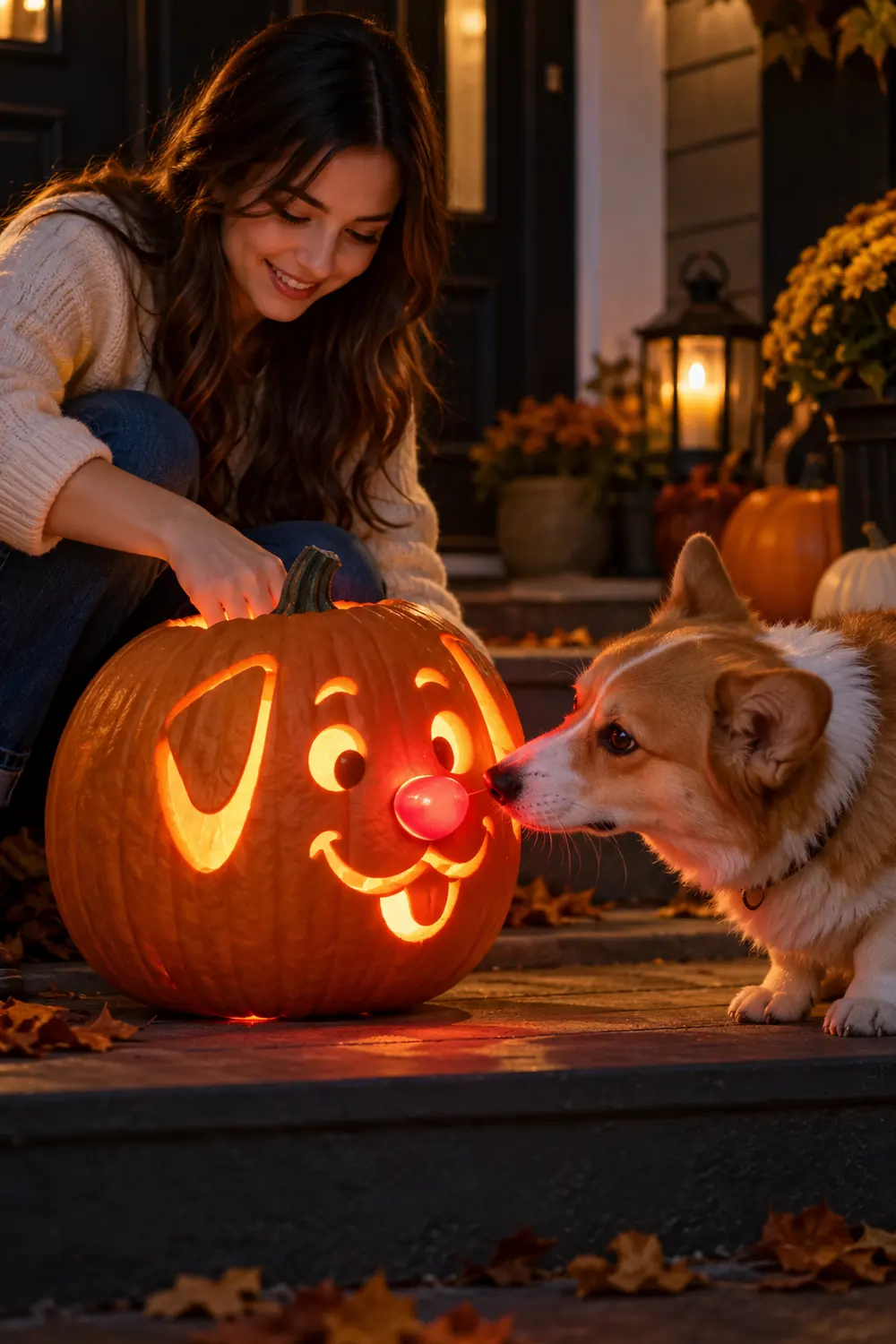 Carved dog pumpkin with a glowing red LED nose at night