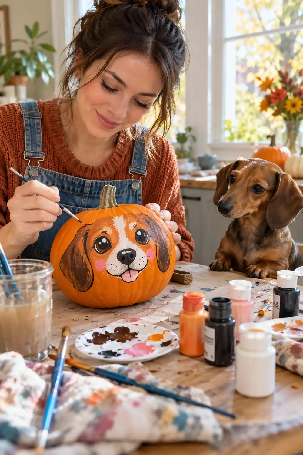 Small pumpkin painted with a cute puppy face on a craft table