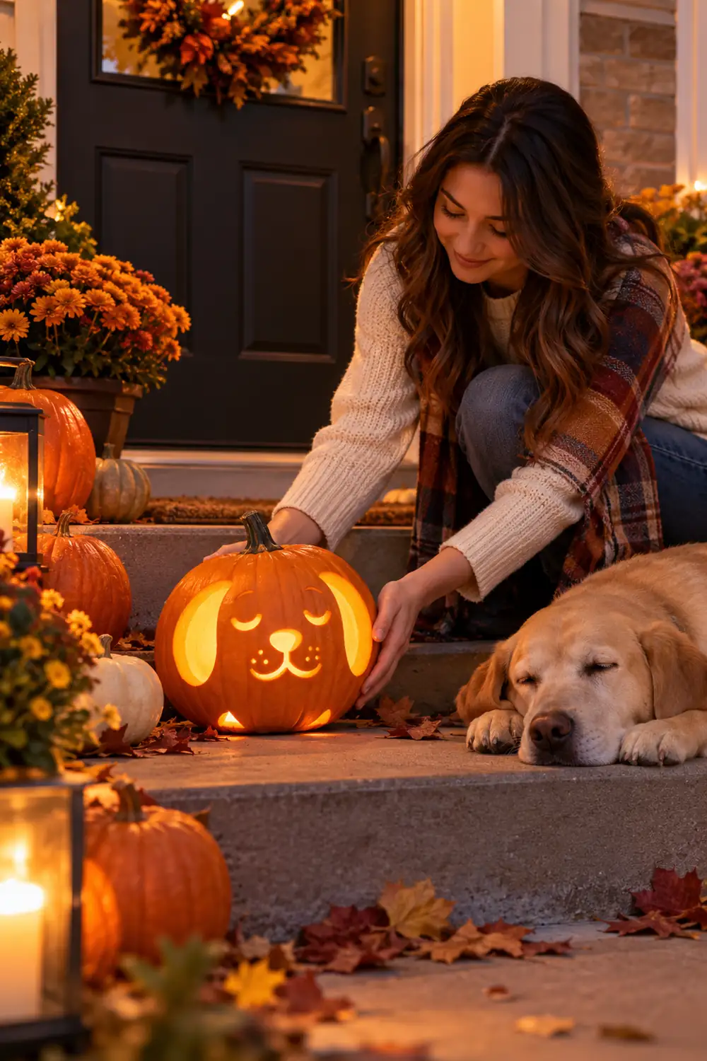Small pumpkin carved with a sleepy puppy face glowing softly on porch steps