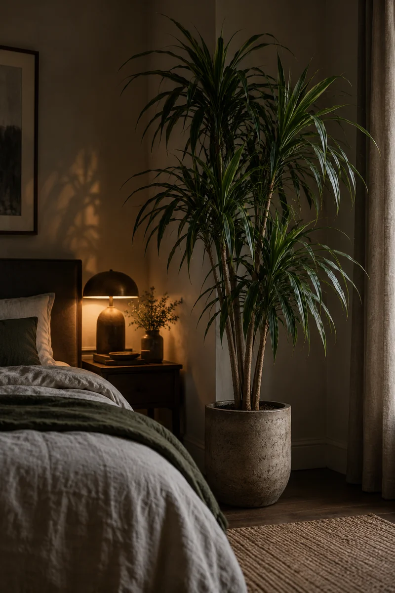 Dracaena plant adding height in a dim bedroom
