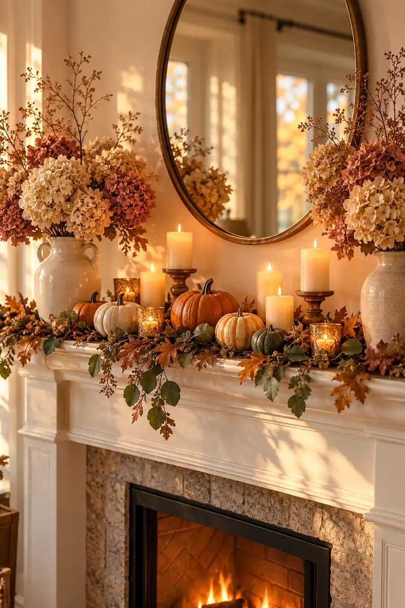 Dried hydrangea bundles in vases on each end of a Thanksgiving mantel