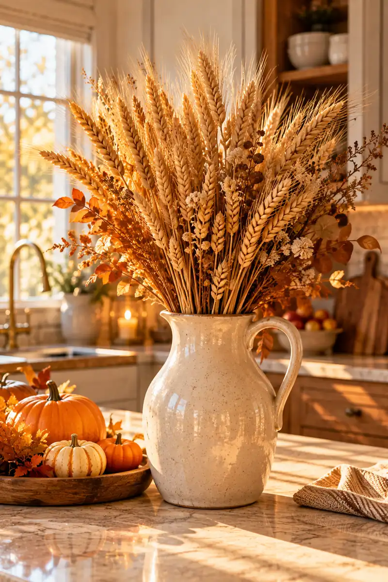 Dried wheat bundles in a vase on a kitchen counter for Thanksgiving