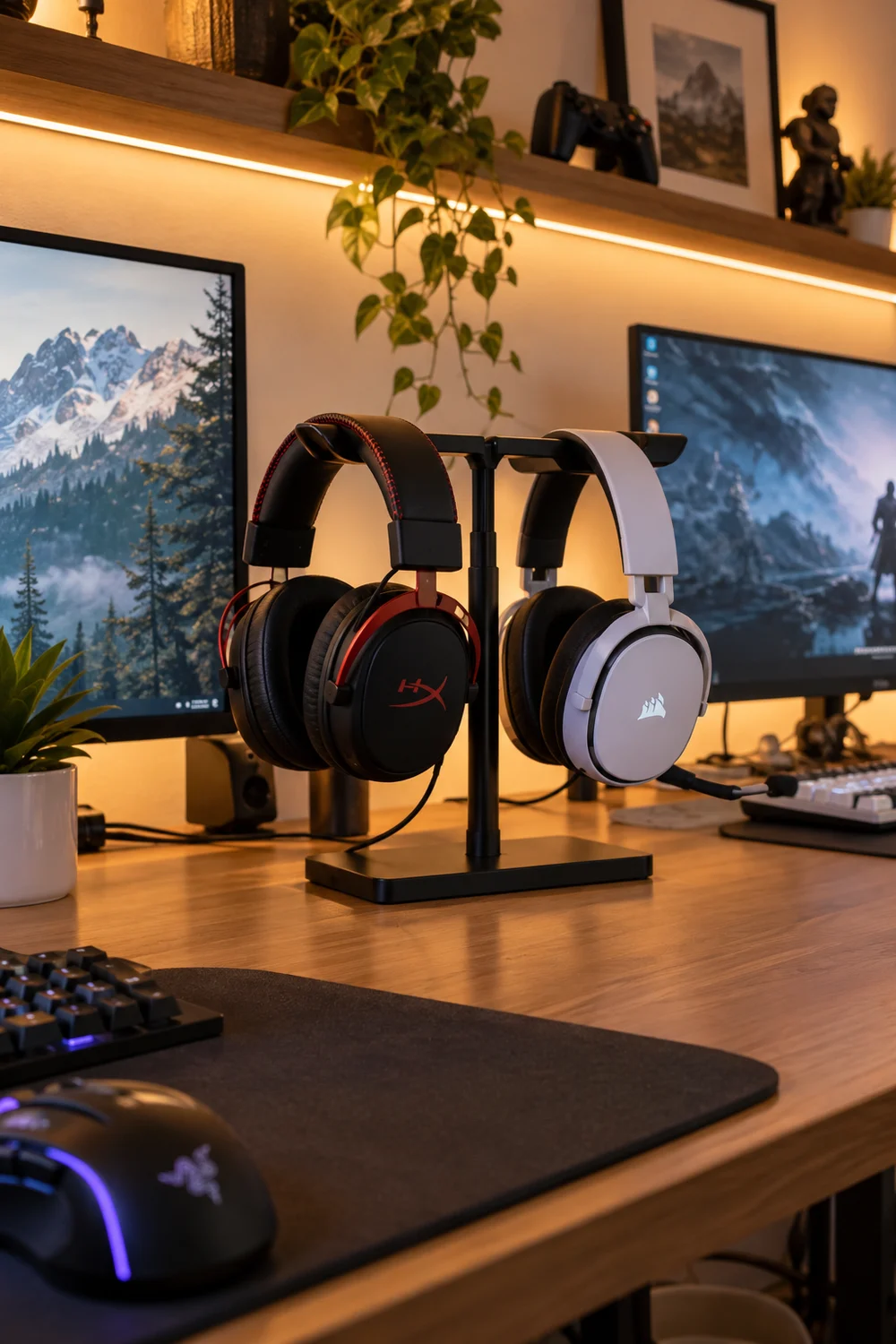 Two headsets hanging side by side at a dual gaming desk