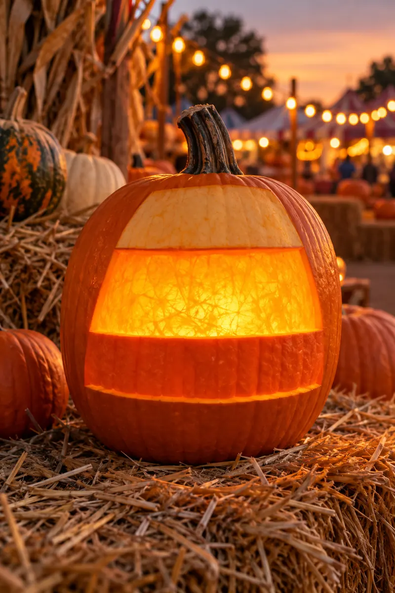 Pumpkin carved with candy corn stripe bands glowing in warm light