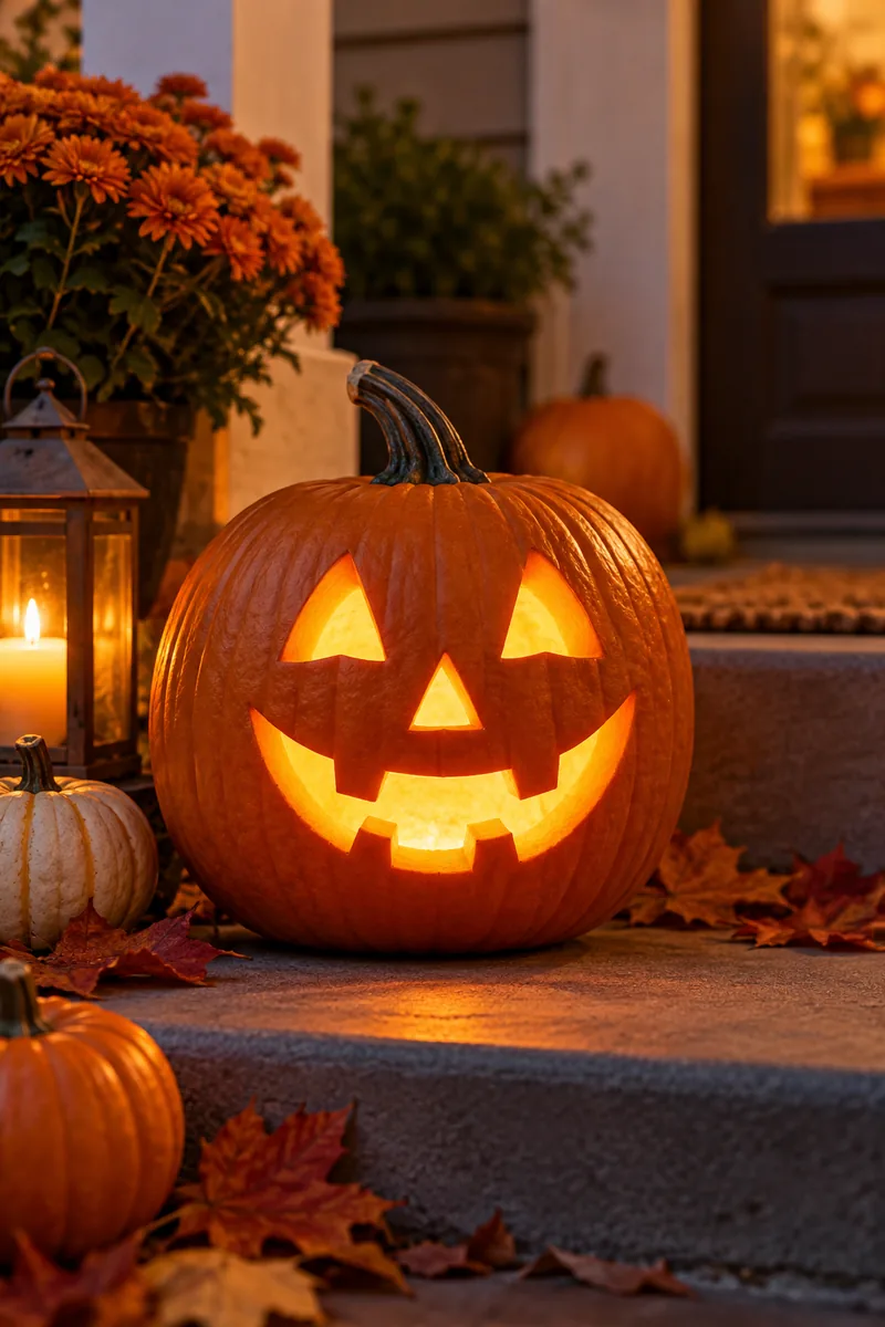 Friendly classic jack-o'-lantern with triangle eyes and a wide grin glowing on a porch
