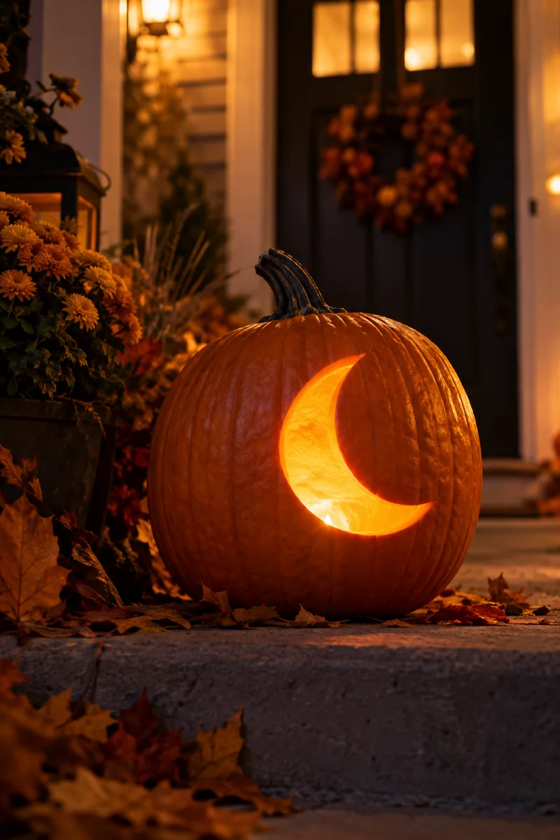 Pumpkin with a crescent moon cutout glowing softly on a doorstep