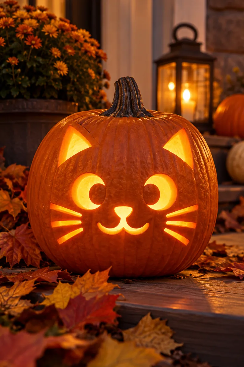 Cute cat face carved into a pumpkin with triangle ears and whisker slits