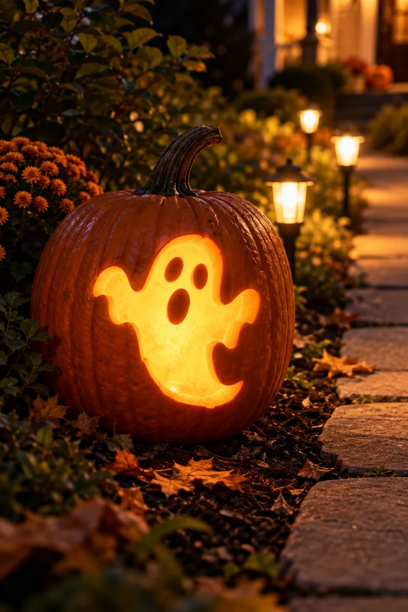 Glowing ghost silhouette cutout carved into a pumpkin by a walkway