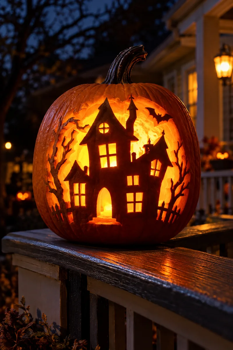 Haunted house silhouette with glowing windows carved into a pumpkin