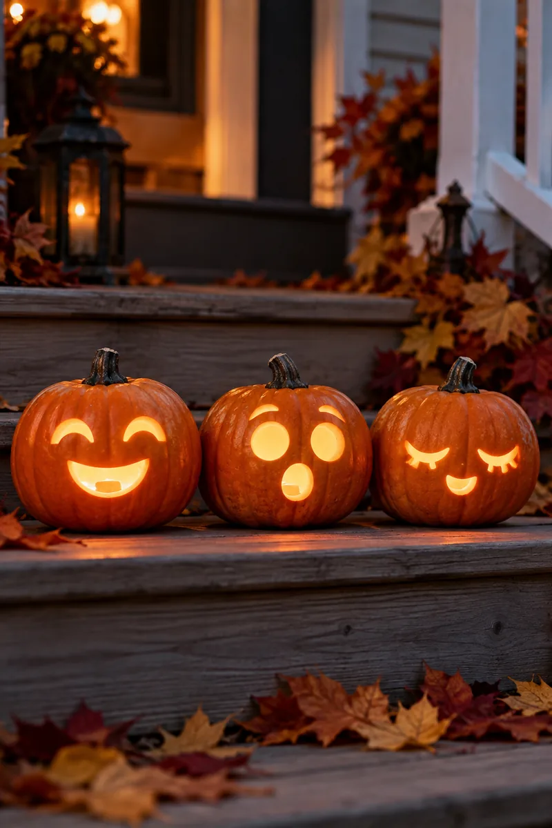 Three mini pumpkins with simple carved faces lined up on a step