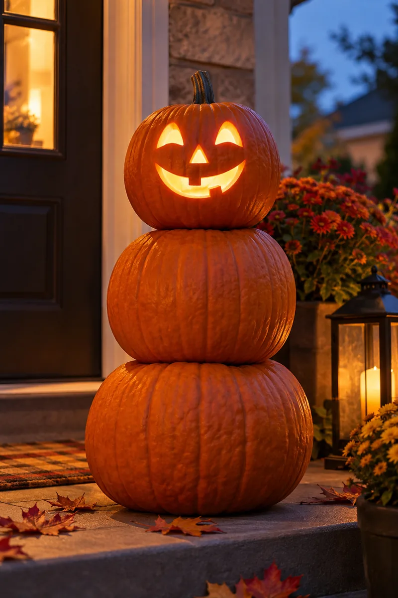 Stack of three pumpkins with the top one carved with a simple face