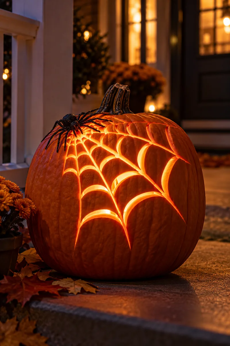 Spider web carved into the corner of a pumpkin with a small spider