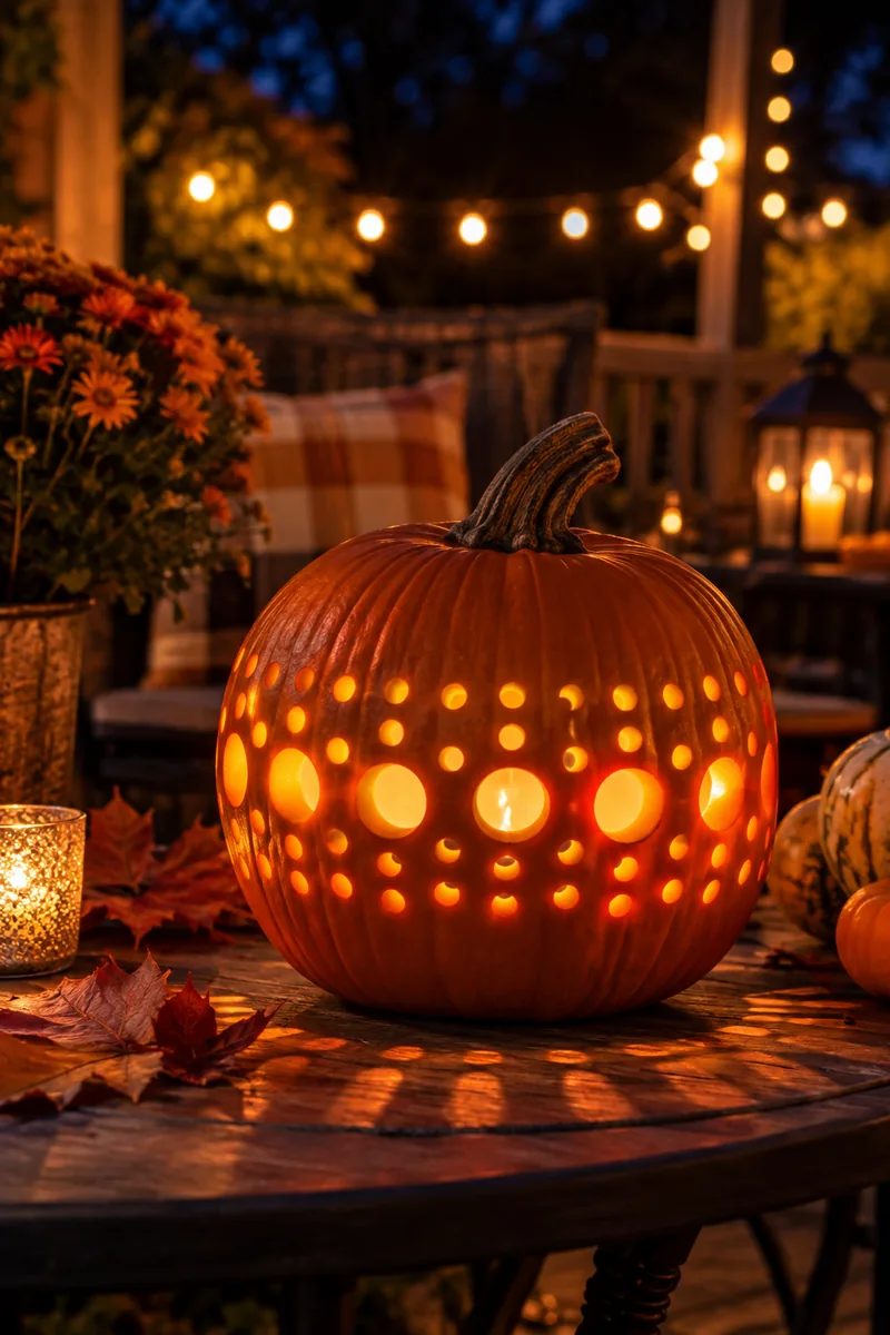 Pumpkin votive lantern with drilled holes glowing on a table