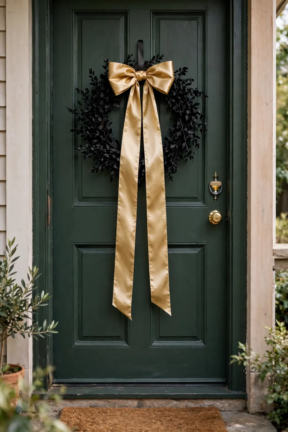 Black wreath with a wide silk ribbon hanging on a dark green front door