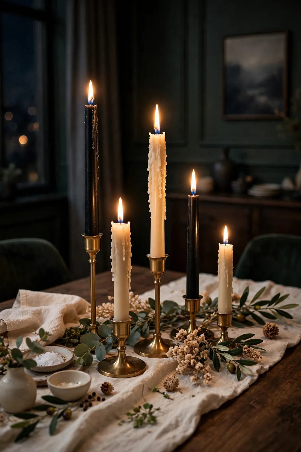 Dining table with black taper candles at varying heights in brass holders