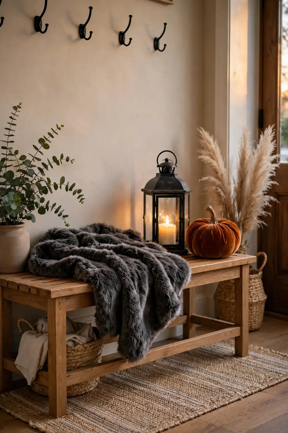 Entry bench with a faux fur throw black lantern and velvet pumpkins