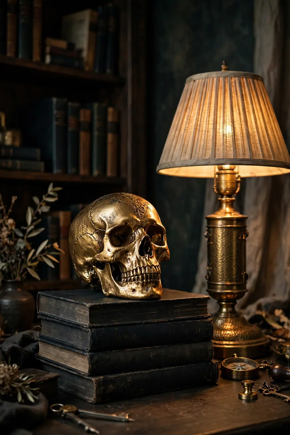 Gilded gold skull on a stack of dark books beside a brass lamp
