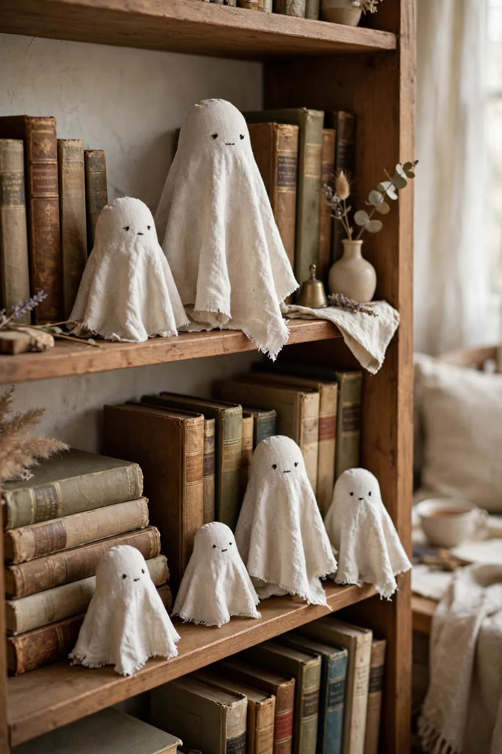 Small linen ghost figures on a bookshelf among old books