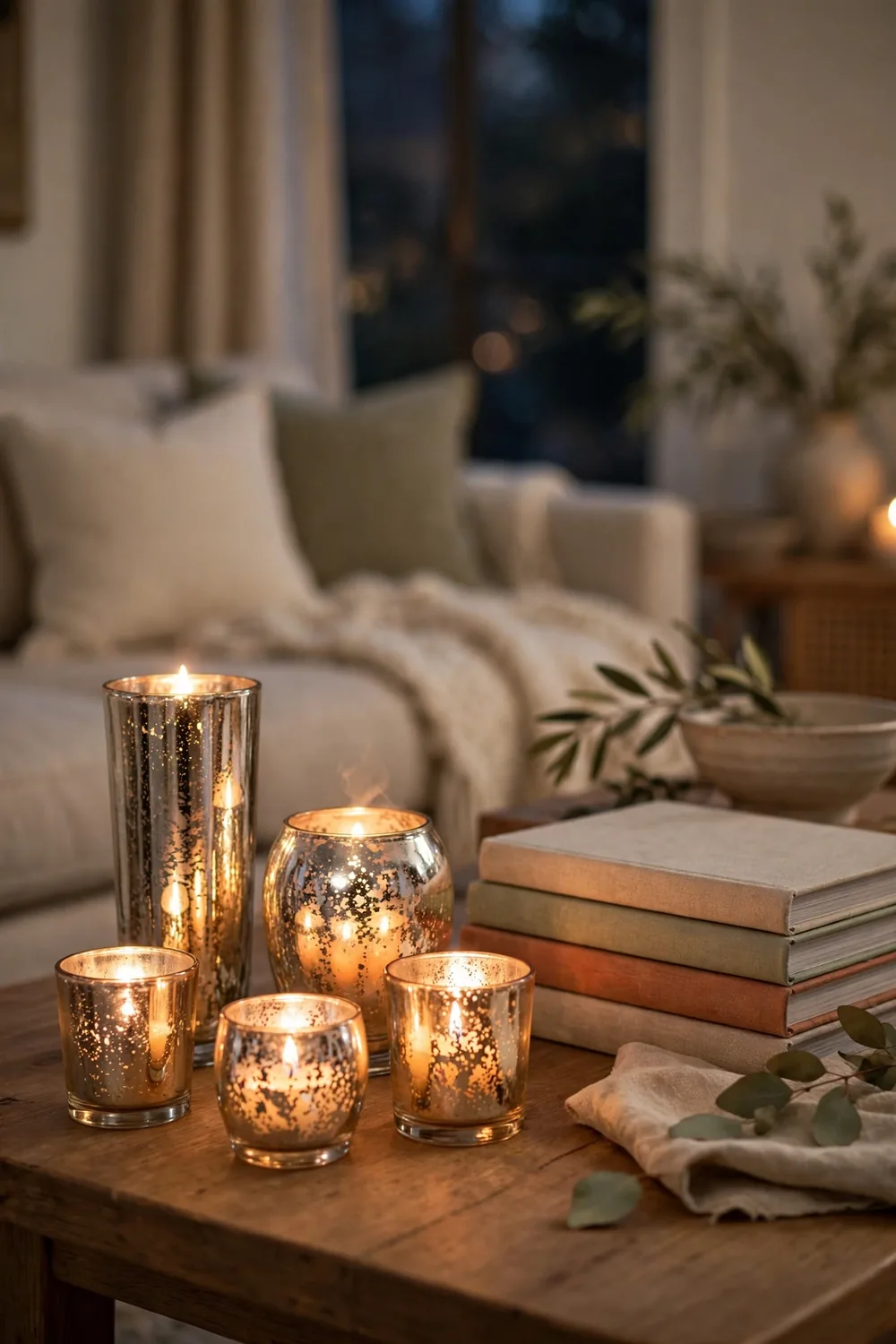 Mercury glass votives glowing on a coffee table beside art books