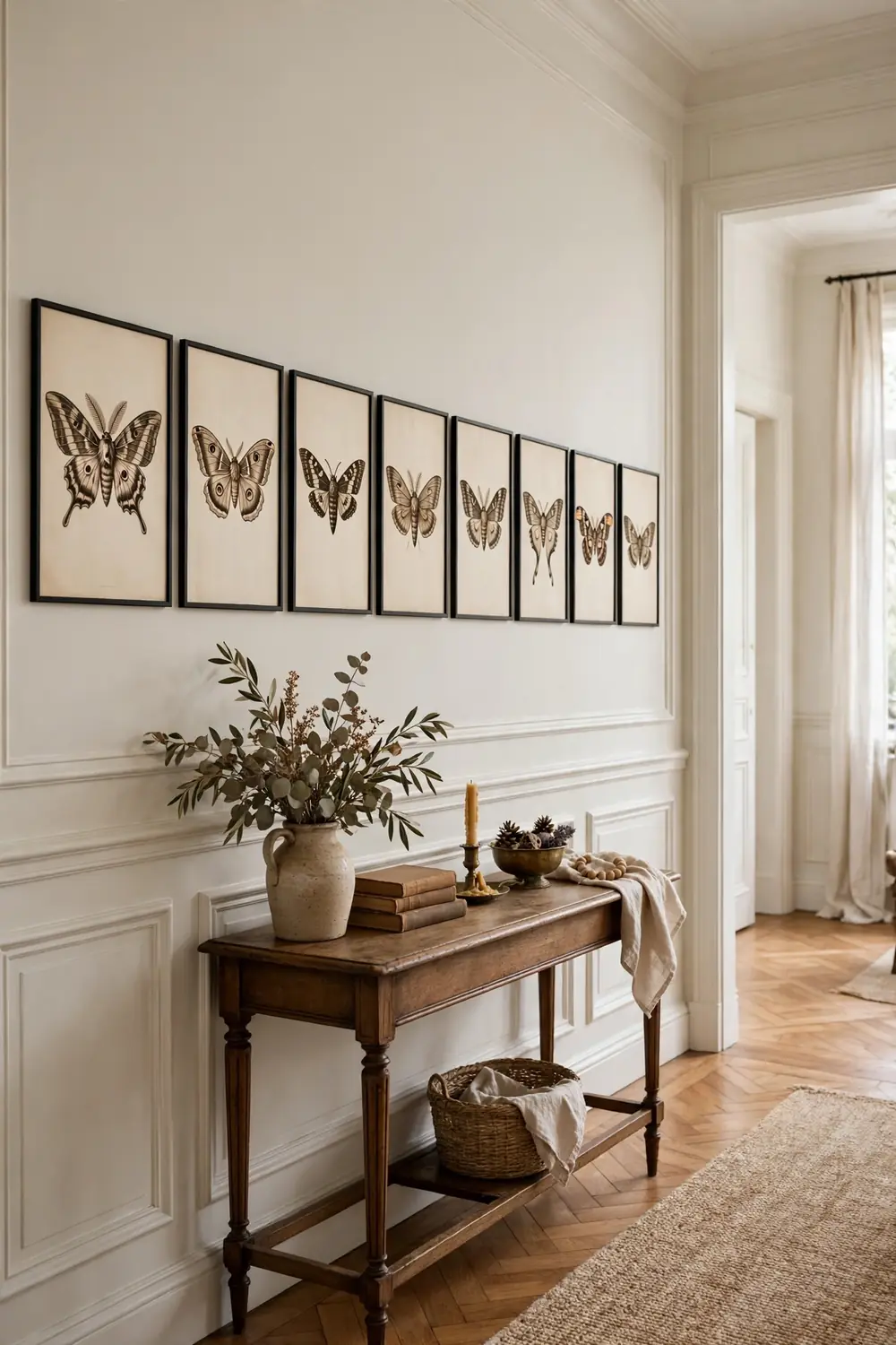 Thin black frames with antique moth engravings hung above a console table