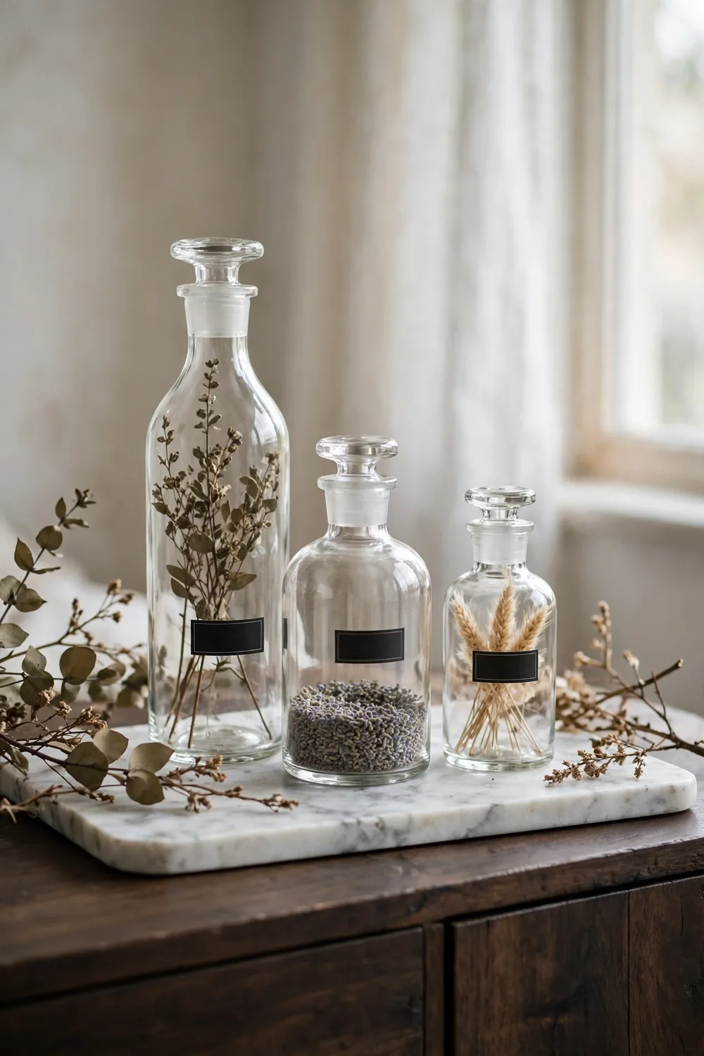 Three glass apothecary bottles with minimal black labels on a marble tray