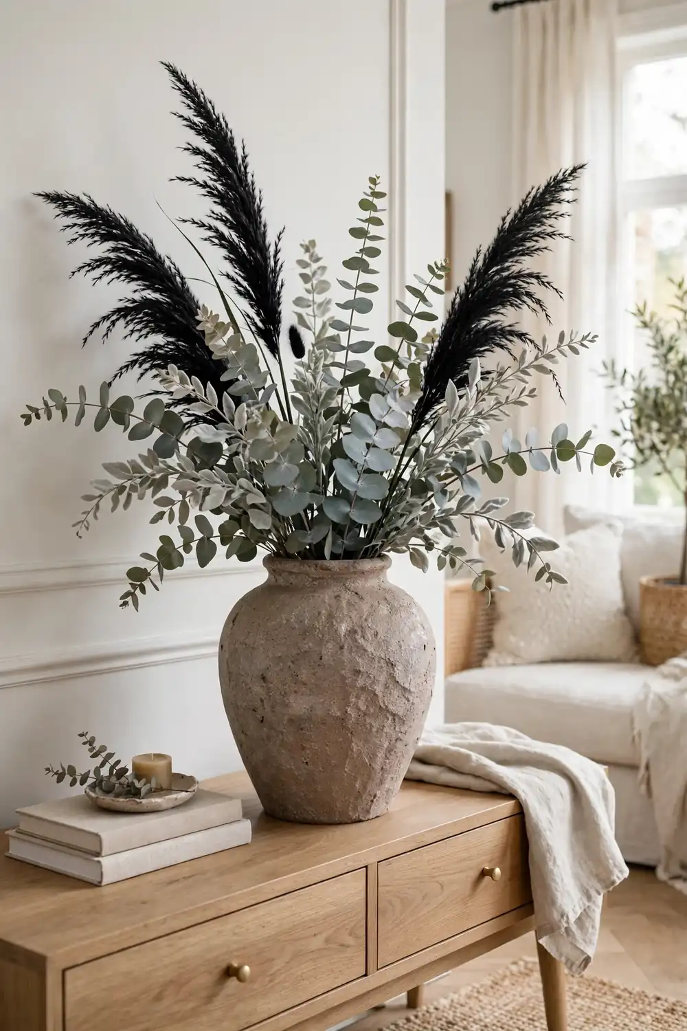 Stoneware vase with eucalyptus and black pampas grass on a console table