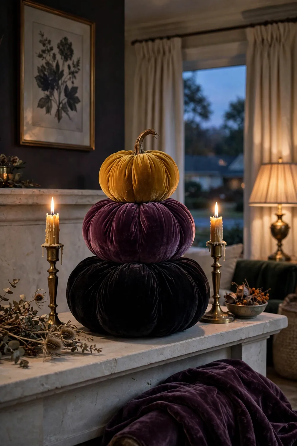Velvet pumpkins in black plum and mustard stacked on a mantel with brass candlesticks