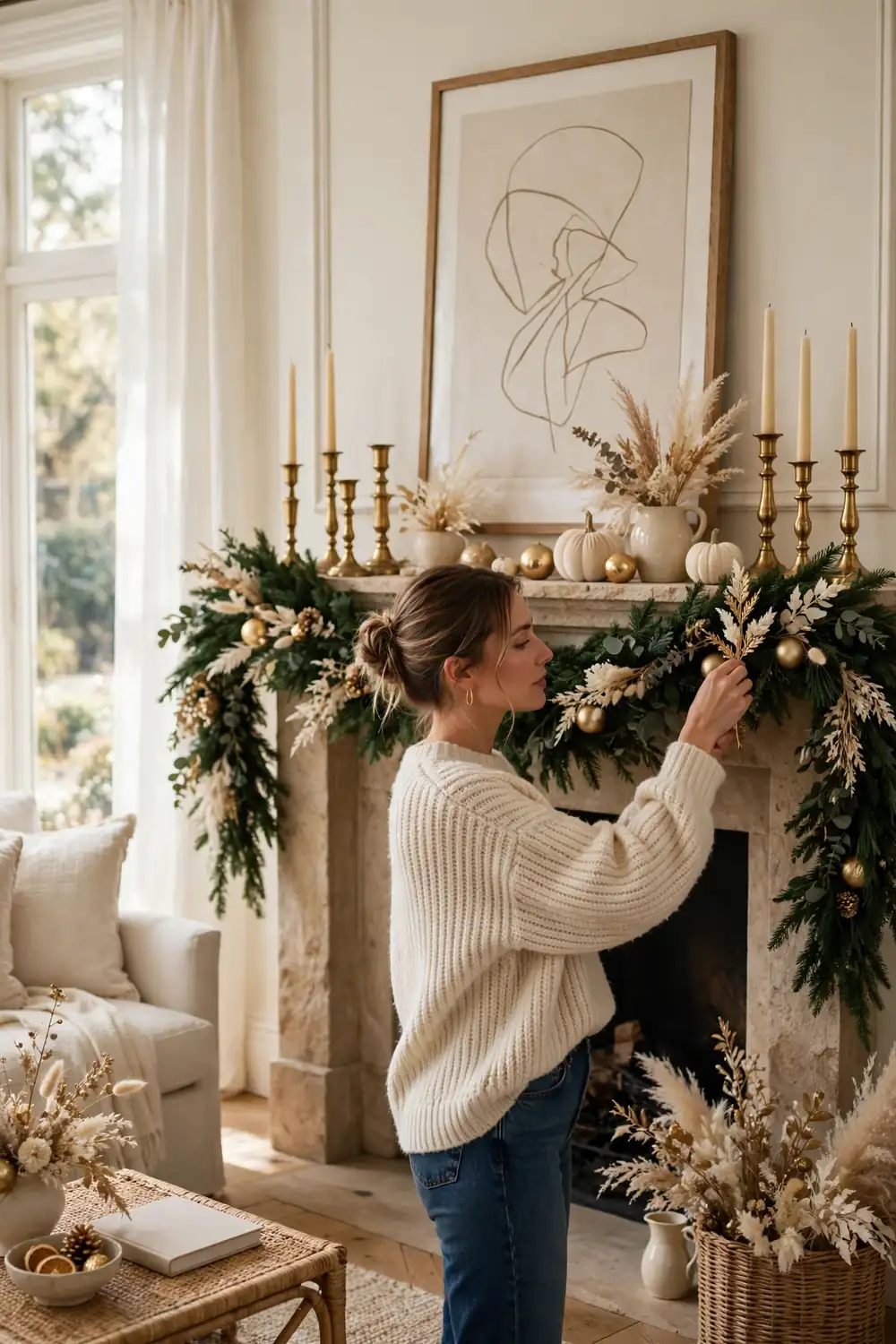 Woman arranging cream and gold Thanksgiving decor in an elegant living room