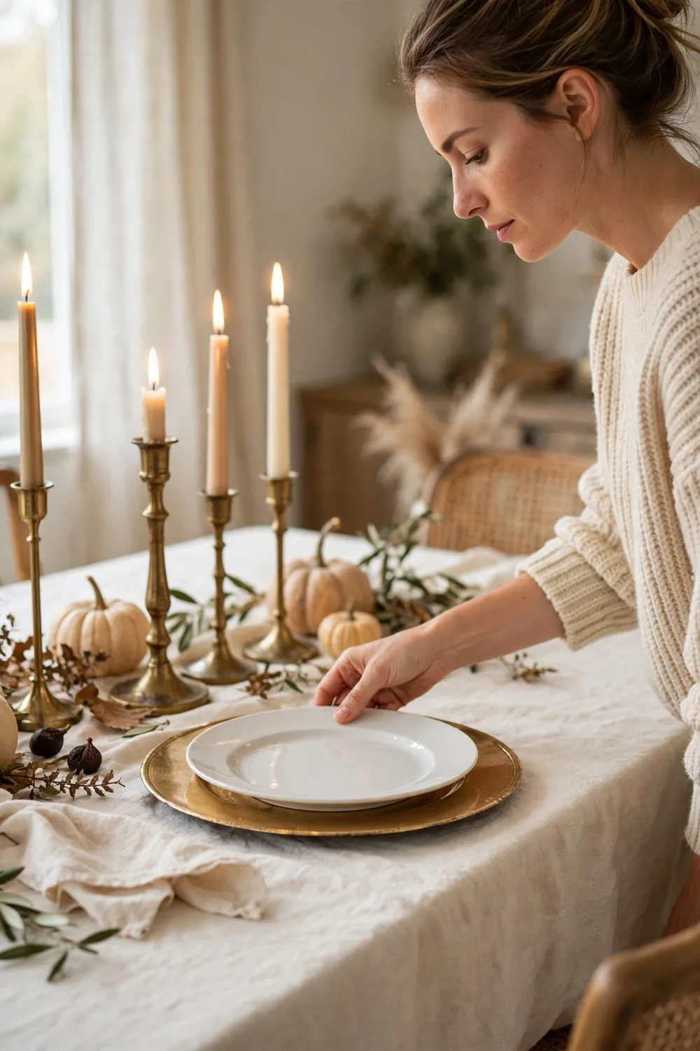 Woman setting an elegant Thanksgiving table with gold rimmed chargers and white plates
