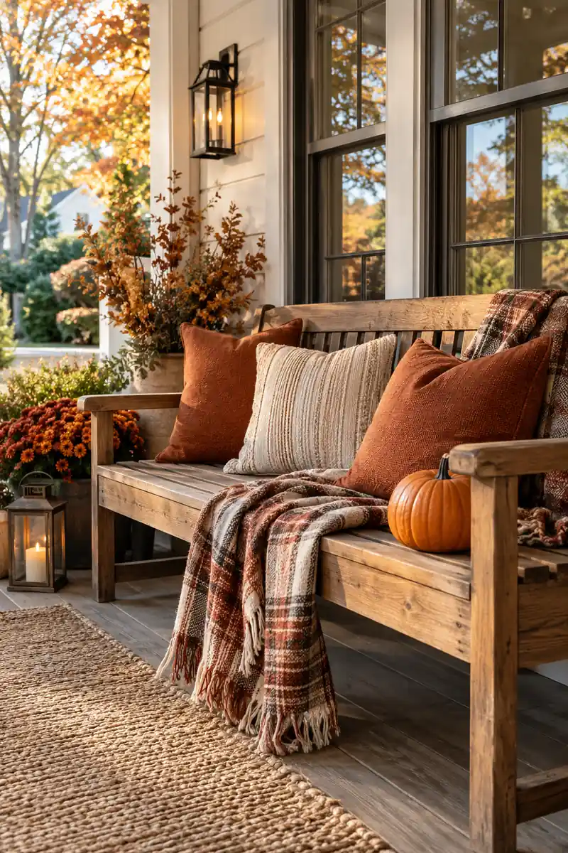 Entryway bench dressed with plaid throw pillows and a pumpkin