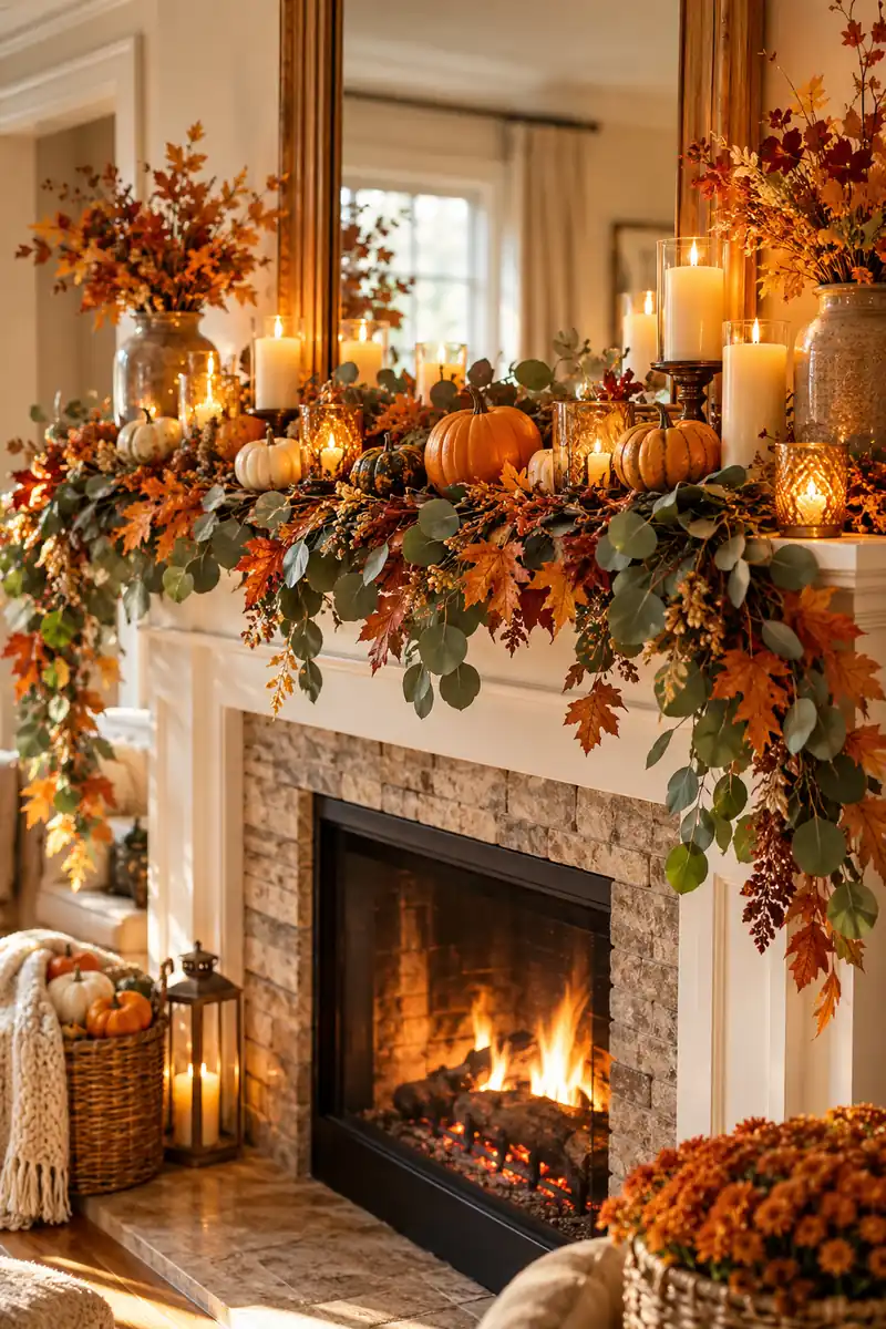 Eucalyptus and dried leaf garland draped across a Thanksgiving mantel