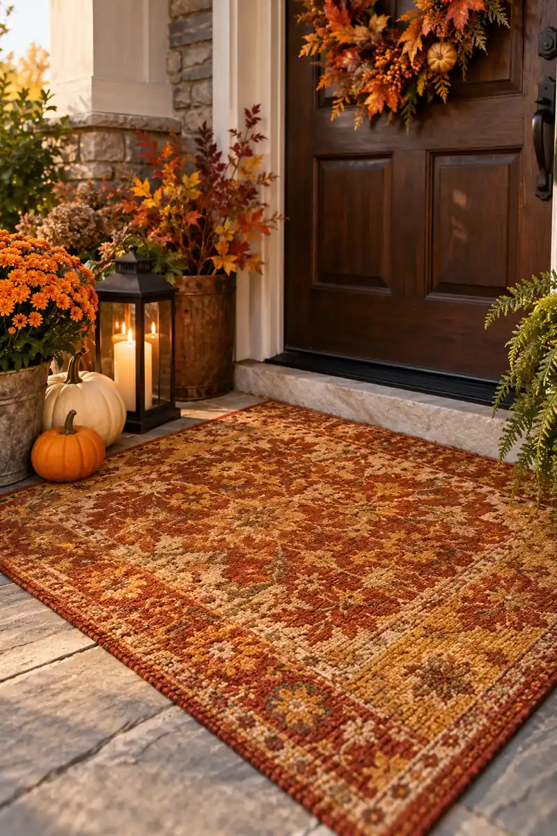Fall colored outdoor rug at a Thanksgiving entryway with pumpkins