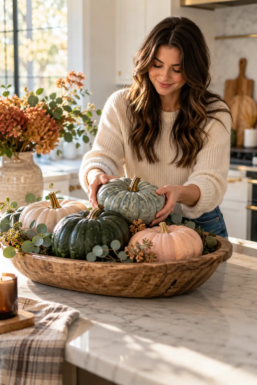 Wooden bowl filled with heirloom pumpkins in blue gray and blush tones