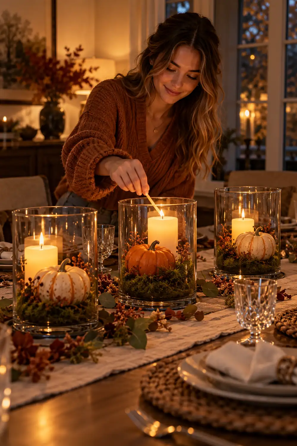 Glass lantern with a small pumpkin and candle inside on a fall table