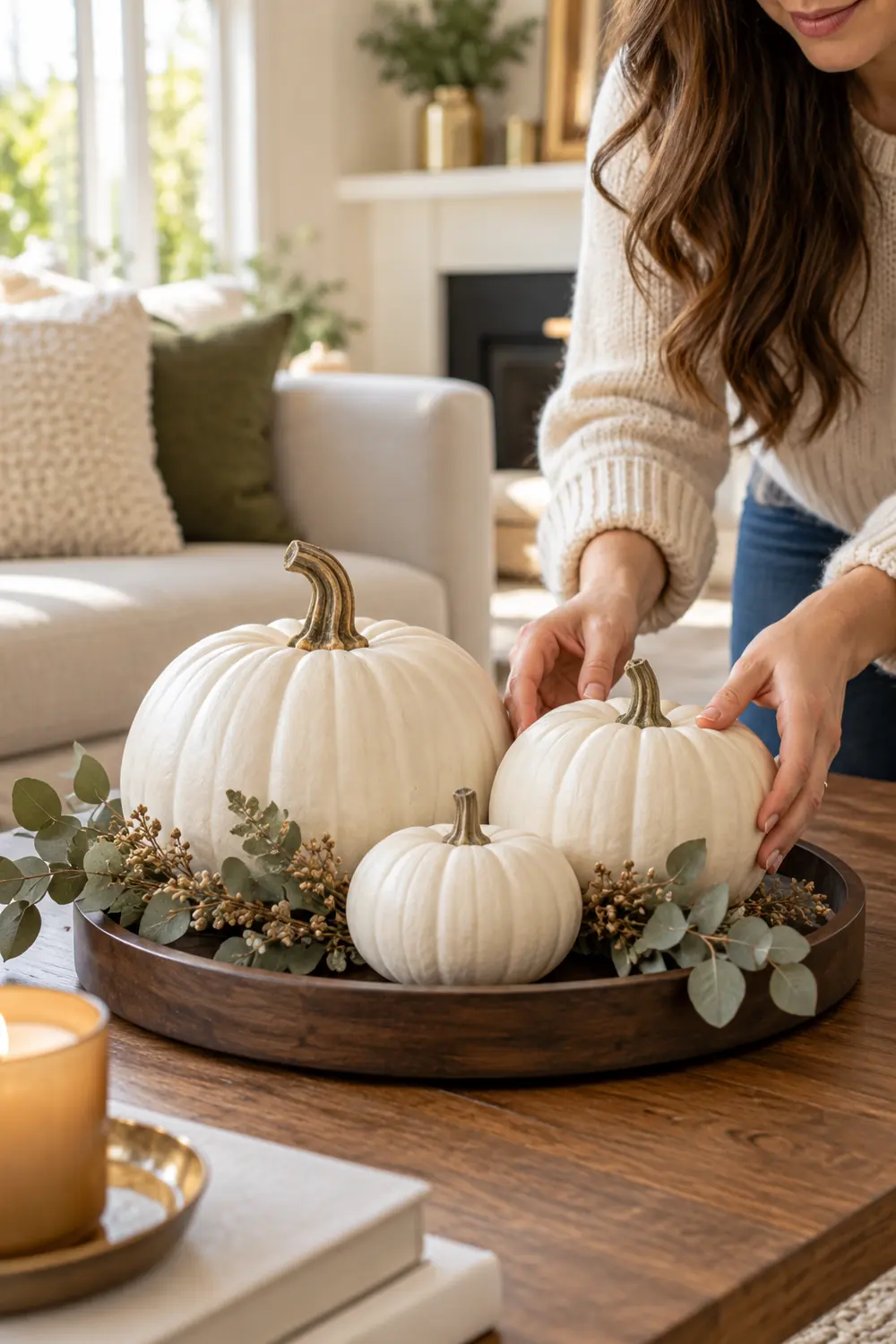White pumpkins clustered on a wooden tray with dried eucalyptus