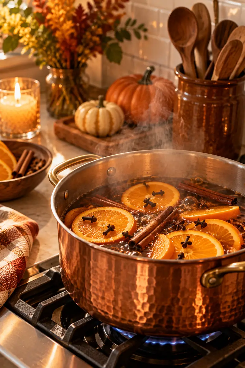 Fall simmer pot with oranges and cinnamon on a stove