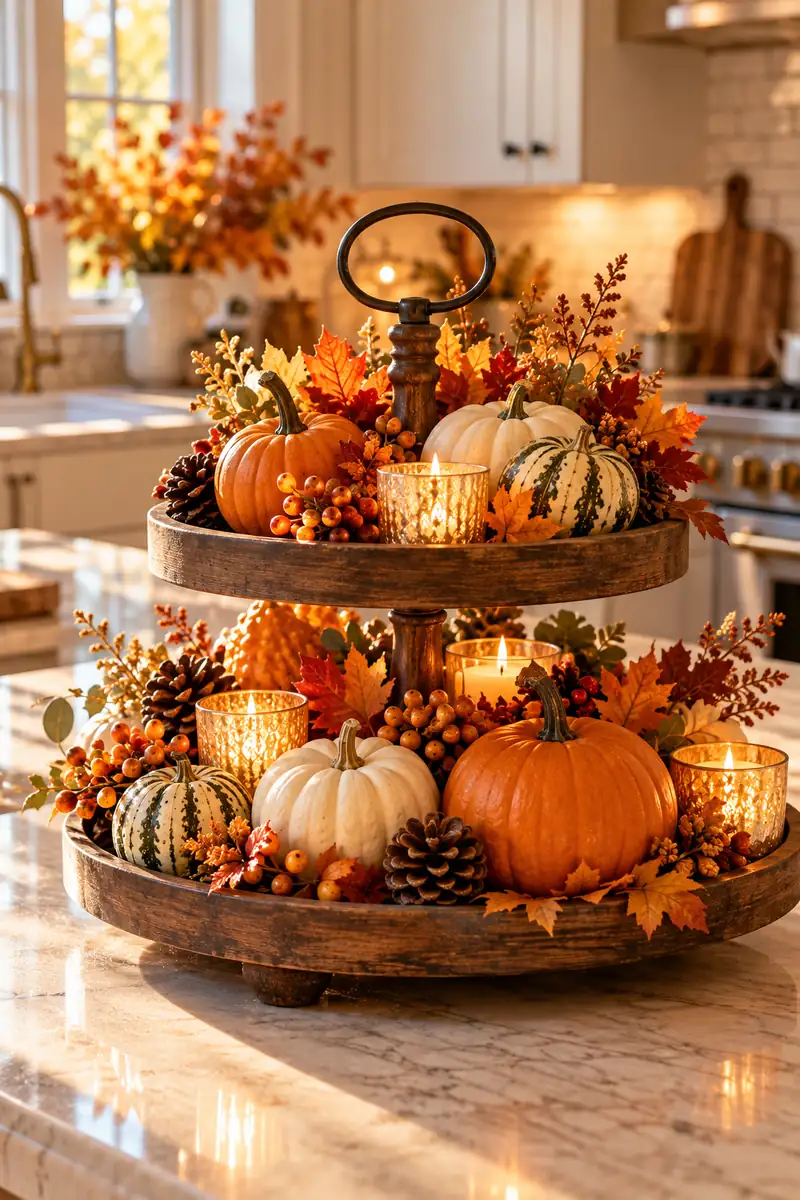 Fall tiered tray with mini pumpkins on a kitchen counter