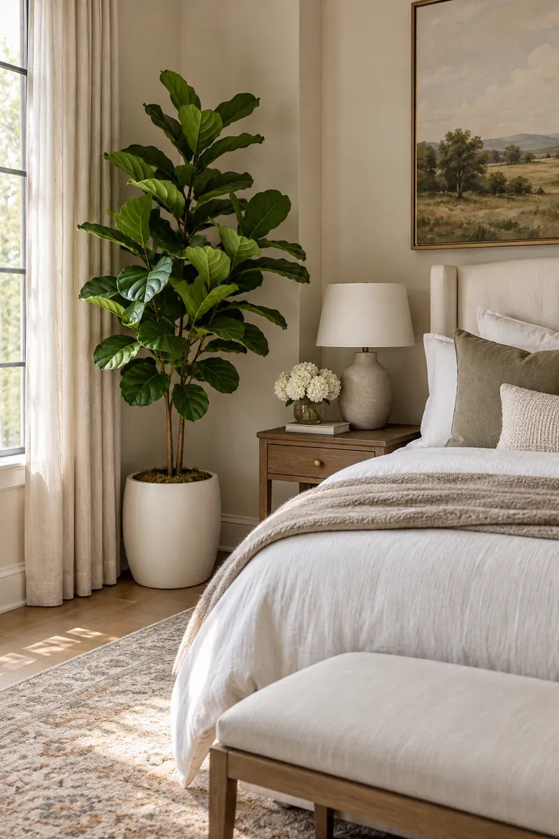 Artificial Greenery Bedroom Faux Fiddle-Leaf Fig Faux fiddle-leaf fig in a bedroom corner
