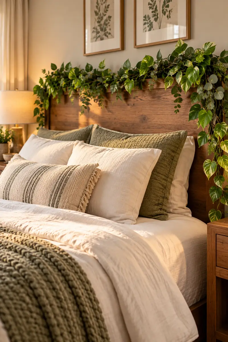 Artificial Greenery Bedroom Faux Garland Headboard Faux garland draped on a headboard