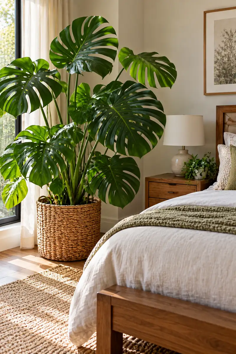 Artificial Greenery Bedroom Faux Monstera Large faux monstera as a bedroom statement