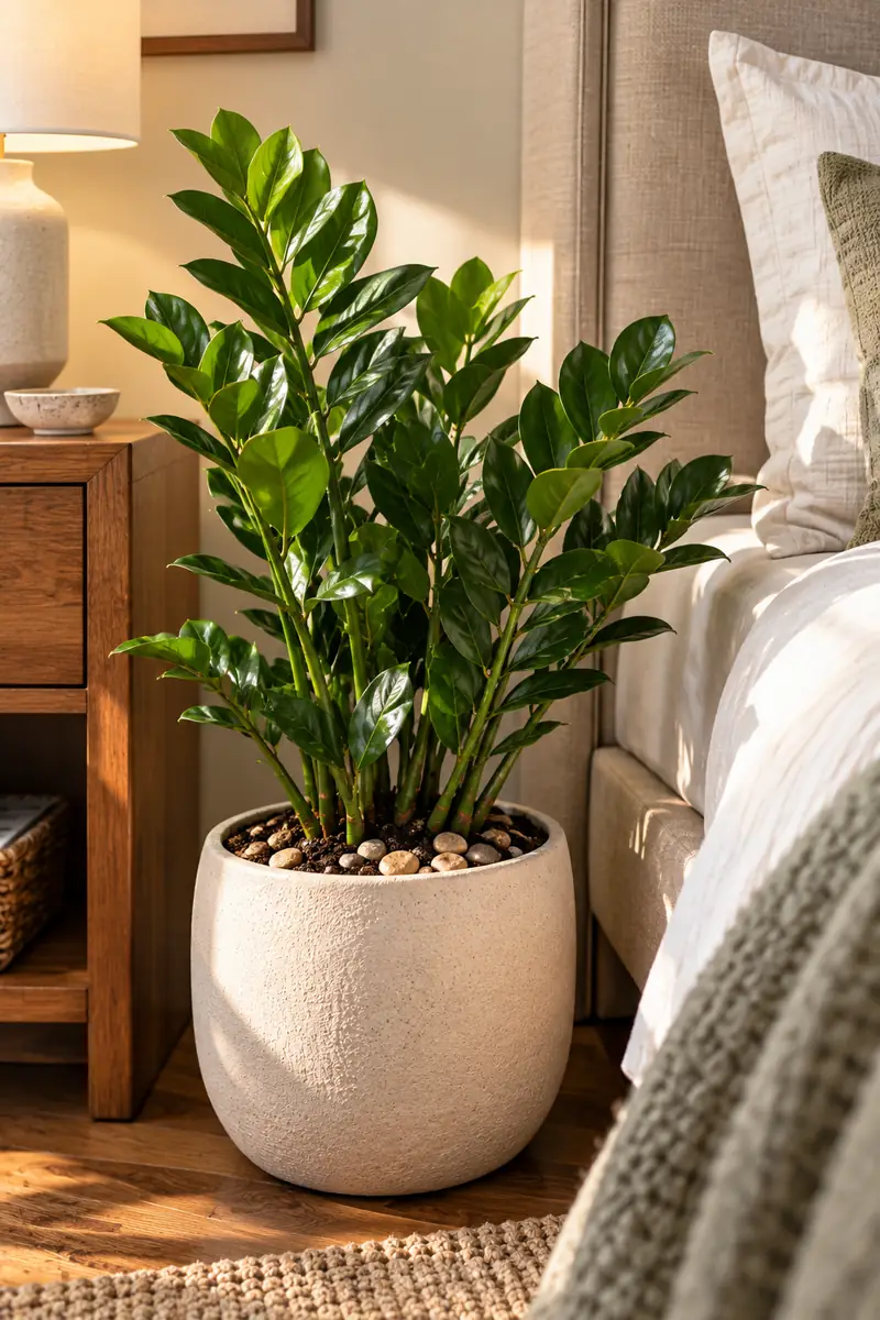 Artificial Greenery Bedroom Styled With Real Soil Faux plant styled with real soil and pebbles