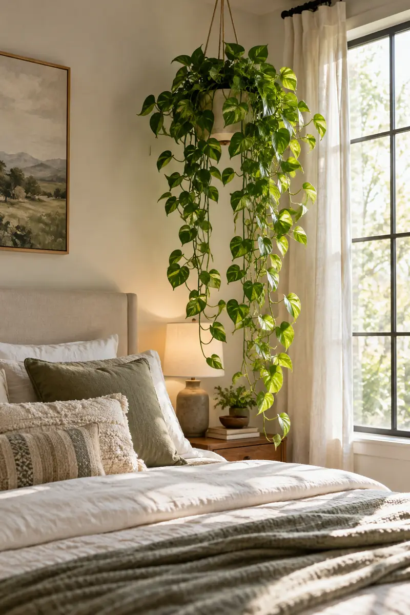 Artificial Greenery Bedroom Faux Hanging Pothos Faux pothos trailing from a hanging planter